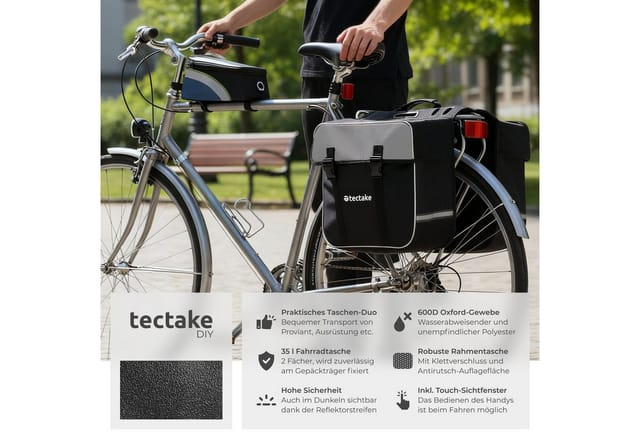 tectake Fahrradtasche Set Gepäcktasche Georg - Wasserabweisend für Fahrräder (fahrradtasche GEORG, in schwarz/grün), Mit Reflektorstreifen und Netztaschen