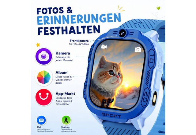 ibettertec Kinderuhr Kinder Smartwatch 4G GPS Uhr mit Telefon, Kamera, SOS Smartwatch (20 cm) Taschenlampe & Trageband, Kinderuhr mit Touchscreen, Anruf, Videoanruf, Schrittzähler, Wecker