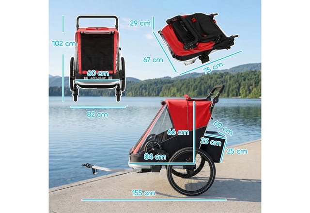 AIYAPLAY Fahrradkinderanhänger 2-Sitzer Faltbar Kinderfahrradanhänger, 2-in-1 klappbar, für 2 Kinder, Reflektoren
