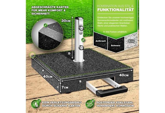 Tillvex® Granit Sonnenschirmständer Mit Rollen & Transportgriff Anthrazit - 27 Kg Eckig Mit Trolley-griff Schirmständer Sonnenschirm Mit Edelstahlrohr Balkonschirmständer Für Schirmstöcke 16-48 Mm &