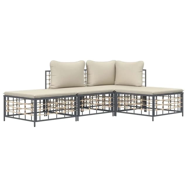 vidaXL 4-Tlg Garten-Lounge-Set mit Kissen Anthrazit Poly Rattan 3186726