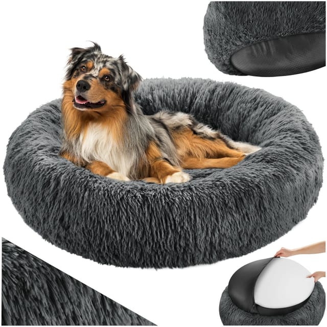 Tectake Hundebett Maja Rund Mit Langem Plüsch Dicke Polsterung Mit Erhöhtem Rand Ø 80 cm 80 x 80 x 22 cm Grau