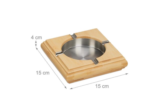Relaxdays Tischaschenbecher Bambus Edelstahl Natur Silber Rutschfest 4 cm x 15 cm x 15 cm 0,37 kg