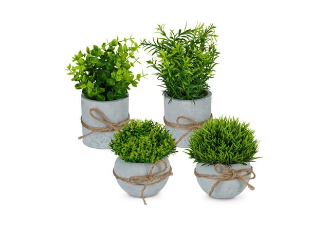 Relaxdays Kunstpflanzen im Topf 4er Set Kunststoff Stein Jute Grün Grau Pflegeleicht 12 cm x 10 cm 18 cm x 7,5 cm je 250 g