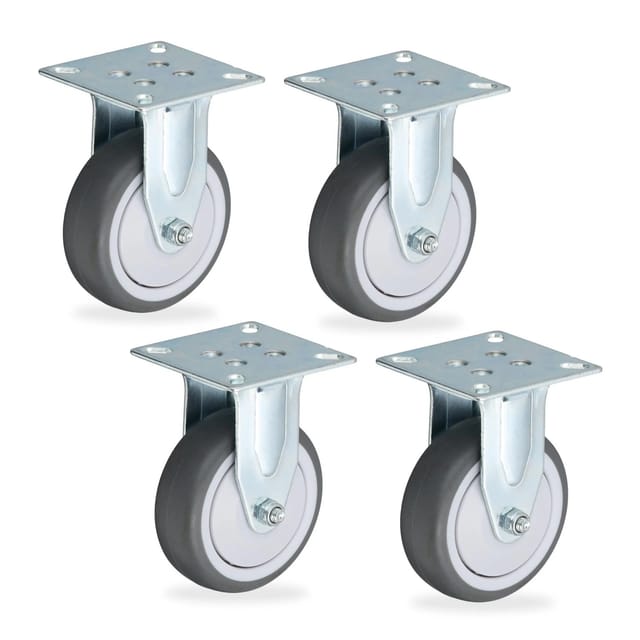 Relaxdays Bockrolle 4er Set TPR Stahl Grau Spurlos Geräuscharm 75 mm