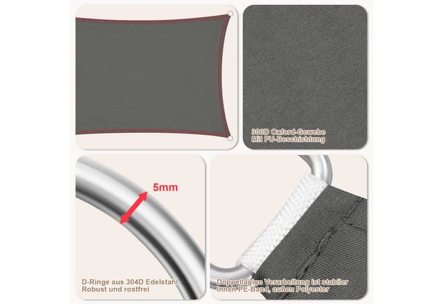 WOLTU Sonnensegel PES 200 g/m² Polyester 95% UV Schutz Dunkelgrau 3x3 m