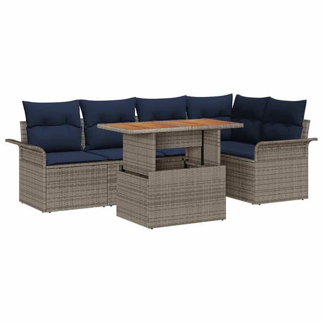 vidaXL Gartensofa-set mit Kissen 6 Stk Grau und Marineblau Poly-Rattan 3349338