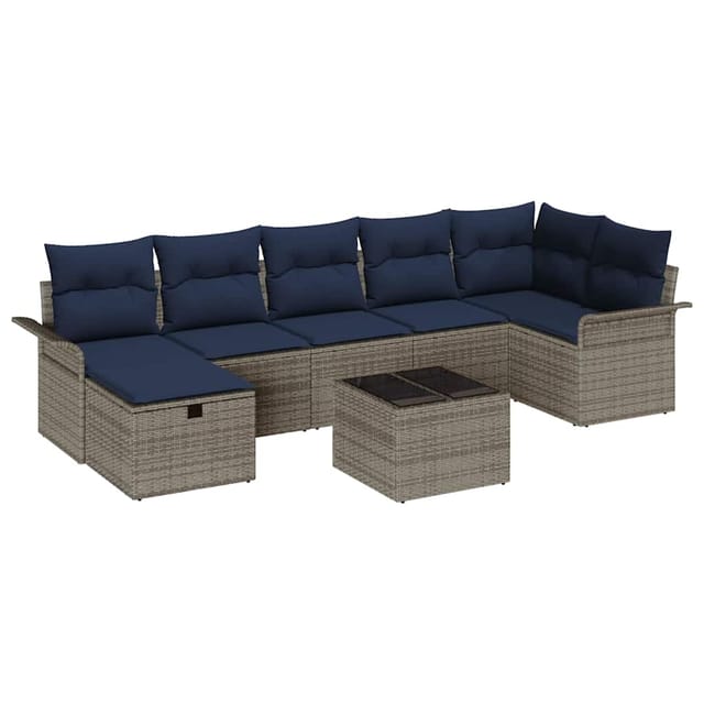 vidaXL Gartensofa-set mit Kissen 8 Stk Grau und Marineblau Poly-Rattan 3358914