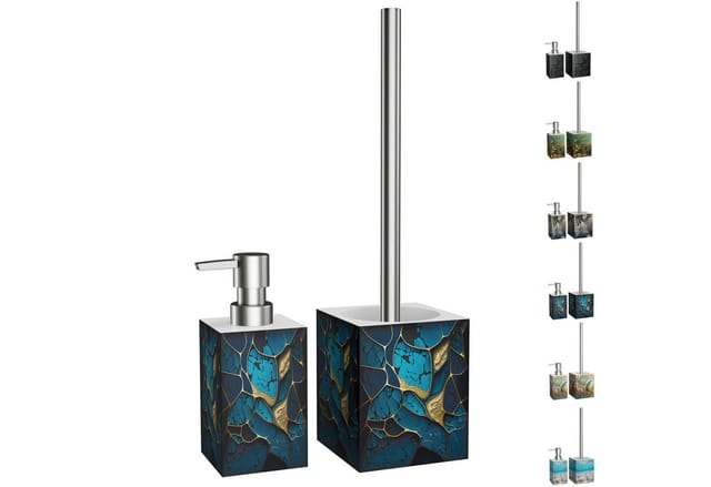 SANILO Badezimmer Set Seifenspender und WC Bürste Marmor Cobalt