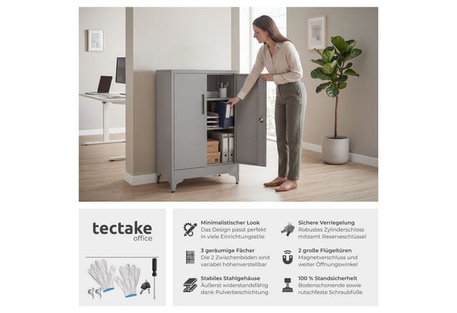 Tectake Aktenschrank Blake 60 x 40 x 100 cm 2 Verstellbare Zwischenböden Abschließbar Mit Magnetverschluss Pro Stück 60 x 40 x 100 cm Grau