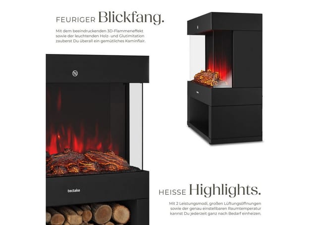 Tectake Elektrokamin Leora 2 Leistungsstufen Mit 900 W und 1800 W Mit Holz und Glutimitation Sowie 3D Flammeneffekt 50 x 35 x 150 cm Schwarz