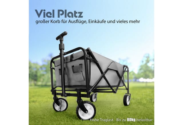 BigDean Kompakter Bollerwagen Faltbar Grau bis 80kg Belastbar Kleiner Bollerwagen Platzsparend Zusammenklappbar für Ausflüge Camping Einkäufe
