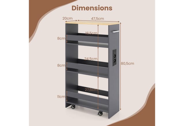 Costway Nischenwagen 20 cm Breit 4 Etagen Küchenwagen Grau