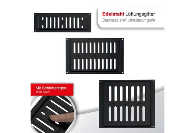 SOTECH Edelstahl Lüftungsgitter Oval 260 x 90 mm Schwarz mit Schiebeverschluss Verschließbar