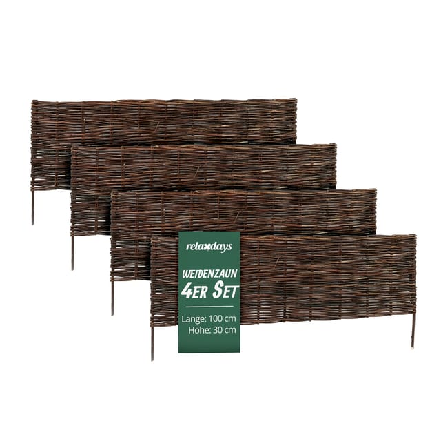 Relaxdays Beeteinfassung 4er Set Weide Braun Steckbar 30 cm x 100 cm