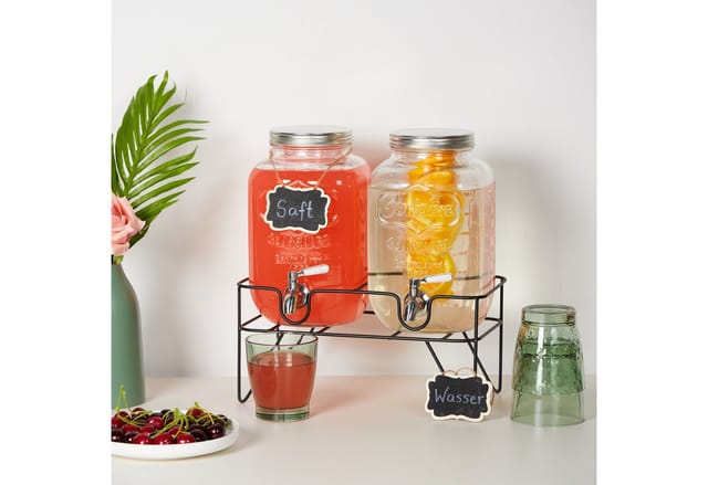 Relaxdays Getränkespender 2er Set Glas Transparent Silber Schwarz mit Ständer 4 L 35 x 33 x 22 cm 3,3 kg