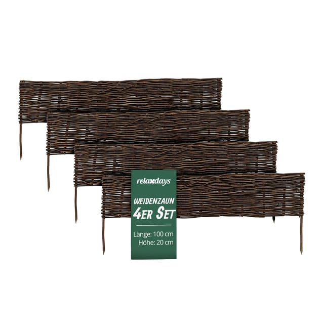 Relaxdays Beeteinfassung 4er Set Weide Braun Steckbar 20 cm x 100 cm