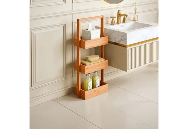 Relaxdays Badregal Bambus MDF Natur Freistehend mit 3 Ablagen 70 cm x 26 cm x 17 cm 1,3 kg