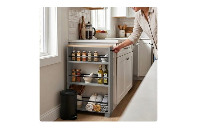 Relaxdays Nischenwagen Holzwerkstoff Eisen Natur-Grau Schmal 4 Ebenen mit 2 Rollen mit Griff 80 cm x 13 cm x 50 cm
