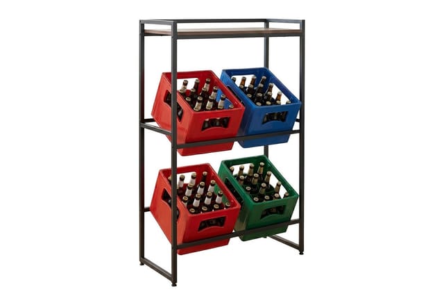 Relaxdays Getränkekistenregal Metall MDF Schwarz Braun mit Ablage Schräg 117 cm x 74 cm x 32 cm