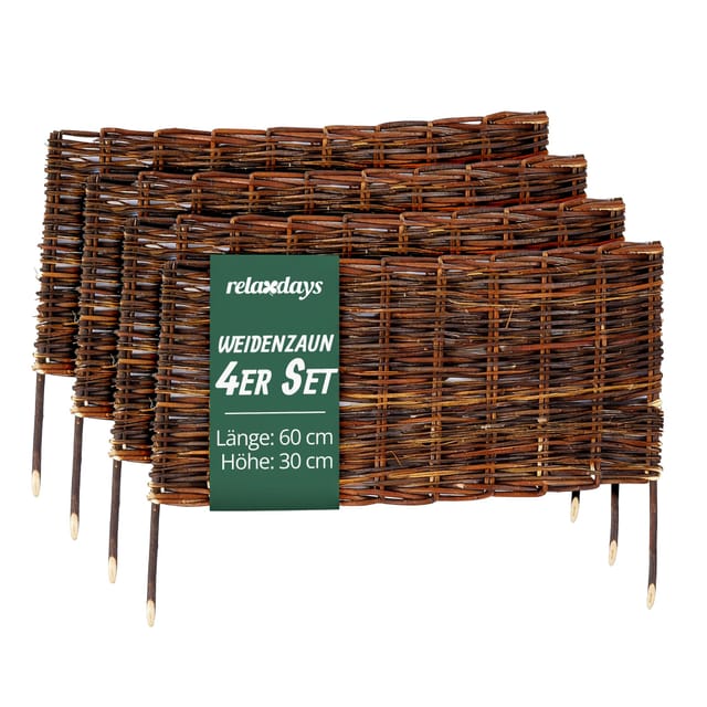 Relaxdays Beeteinfassung 4er Set Weide Braun Steckbar 30 cm x 60 cm