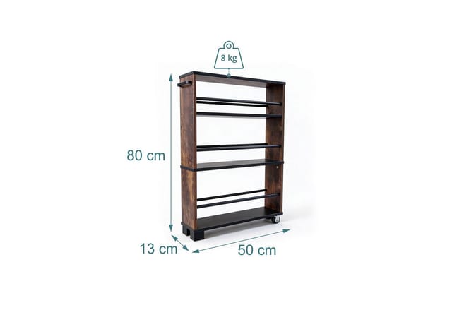 Relaxdays Nischenwagen Holzwerkstoff Eisen Industrial-Schwarz Schmal mit 2 Rollen mit Griff 80 cm x 13 cm x 50 cm