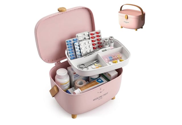 Relaxdays Medizinbox Kunststoff Rosa mit Tragegriff 3-Fächer-Einsatz Entnehmbar 18 cm x 28 cm x 20 cm 0,6 kg