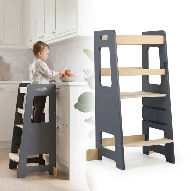 Relaxdays Lernturm MDF Anthrazit Natur Höhenverstellbar Rutschfest mit Sicherheitsbügel mit Kippschutz 90 cm x 40 cm x 44 cm 5,9 kg