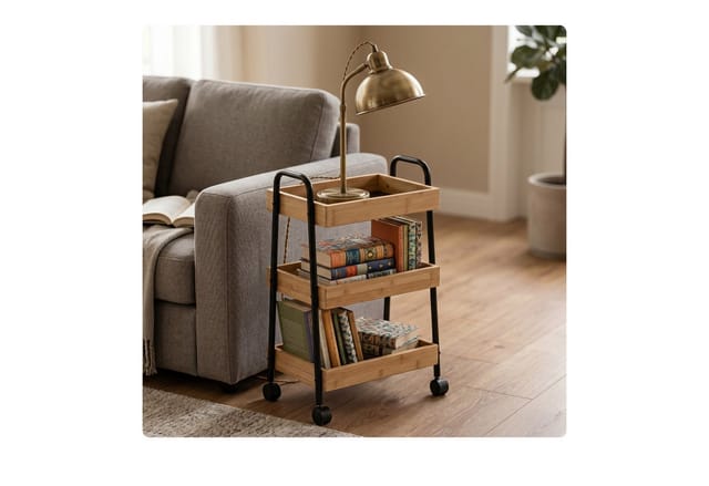 Relaxdays Rollwagen Bambus Metall Natur Schwarz Mit 3 Ablagen Feststellbar 73 cm x 45,5 cm x 28 cm 2,3 kg