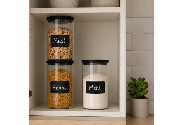 Relaxdays Vorratsgläser 3er Set Glas Kunststoff Silikon Transparent Schwarz Luftdicht Spülmaschinenfest mit Etiketten 18 cm x ø 10 cm 1200 ml