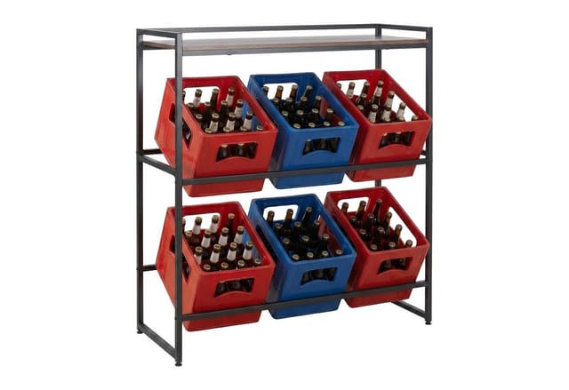 Relaxdays Getränkekistenregal Metall MDF Schwarz Braun mit Ablage Schräg 117 cm x 104 cm x 32 cm