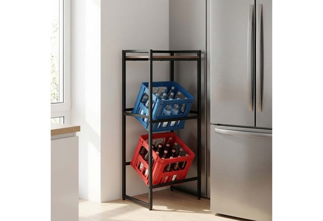 Relaxdays Getränkekistenregal Metall MDF Schwarz Braun mit Ablage Schräg 117 cm x 47 cm x 32 cm