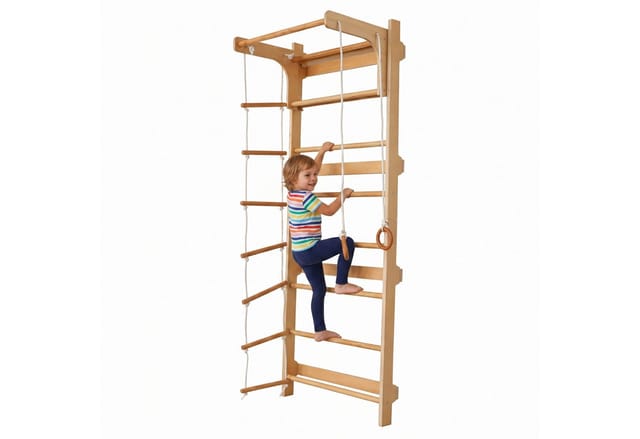 Relaxdays Sprossenwand Holz Natur mit Klimmzugstange Turnringen Strickleiter 215 cm x 80 cm x 57,5 cm 13,2 kg