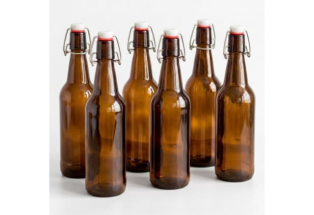 Relaxdays Bügelflaschen Glas Braun 6er Set mit Bügelverschluss 20 cm x ø 6 cm