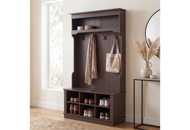 MCW Garderobe P26 4 Haken Staufach Ablage Melamin 170x100x39cm Walnuss-Optik