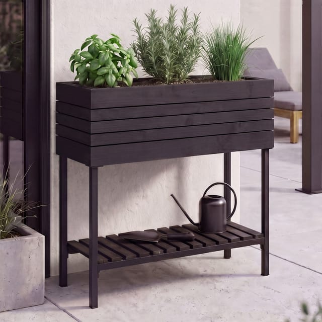 MCW Hochbeet P84 Ablage Outdoor Akazie Holz 79x80x31cm Schwarz