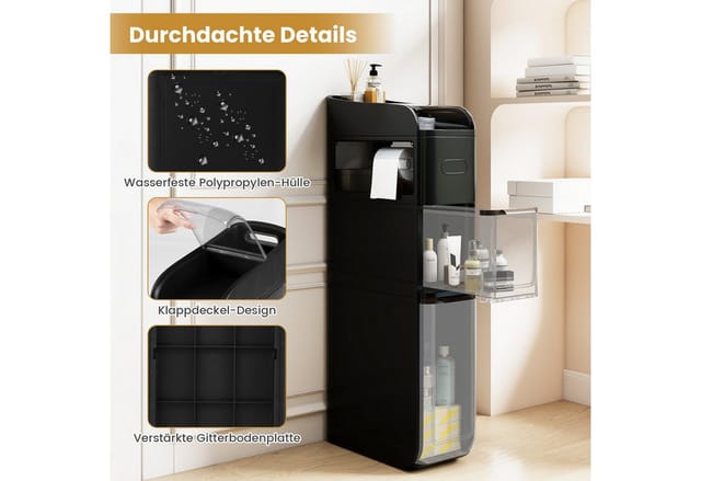 Costway Badrollwagen Nischenschrank Schmal mit Taschentuchbox Schwarz