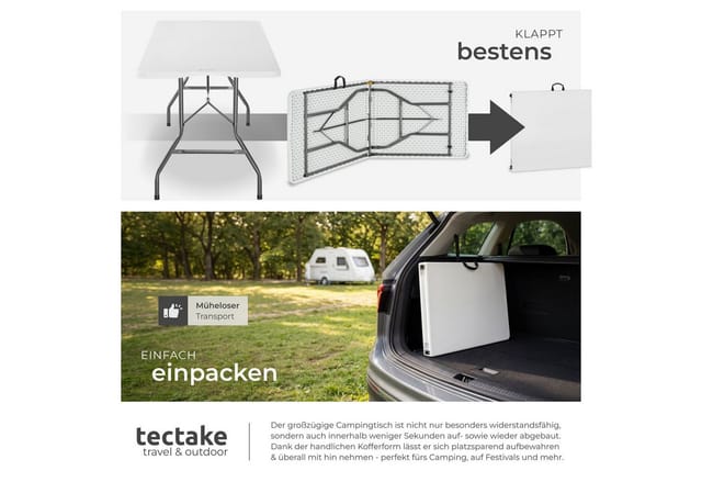 Tectake Campingtisch Panja Klappbar Wetterfest Robuster Kunststoff 70 x 180 x 74 cm Weiß