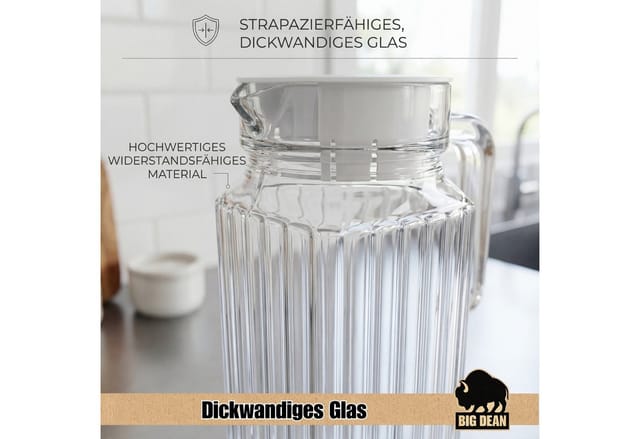BigDean 2 Stück Kühlschrankkrug 1,1 Liter Glas Wasserkrug mit Deckel Ergonomischer Griff