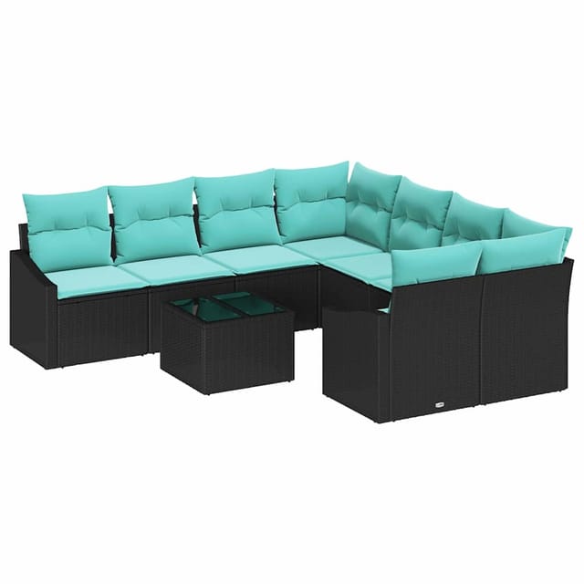 vidaXL Sofa Set mit Kissen 9-Tlg Schwarz und Türkis Poly-Rattan 3346666