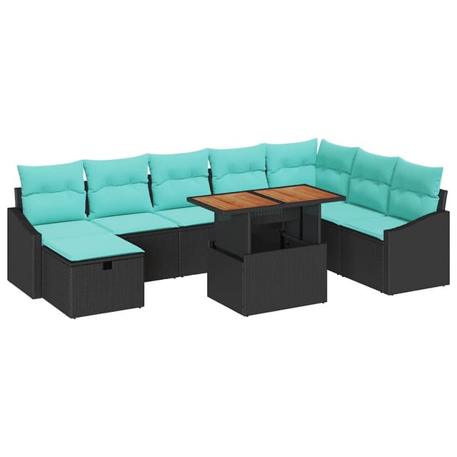 vidaXL Gartensofa-Set mit Kissen 9-Tlg Schwarz Poly-Rattan 3360043