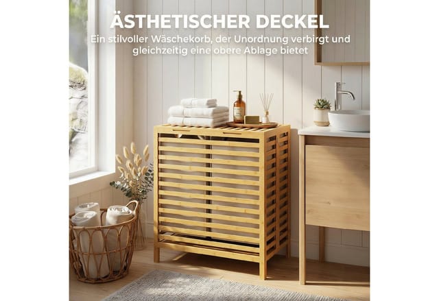 HOMCOM Laundry Hamper Bambus Polyester 55L x 36B x 64,2H cm Naturholz+Cremeweiß