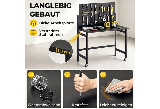 HOMCOM Workbench MDF Stahl 115L x 62B x 143,5H cm Schwarz