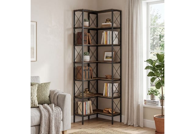 HOMCOM Bookshelf Spanplatte Metall 60L x 60B x 200H cm Rustikal-Braun