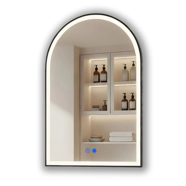 ARTFORMA LED Badspiegel in Bogenform 60x90 cm mit Beleuchtung Rahmen Schwarz Matt Antibeschlag Touch IP44