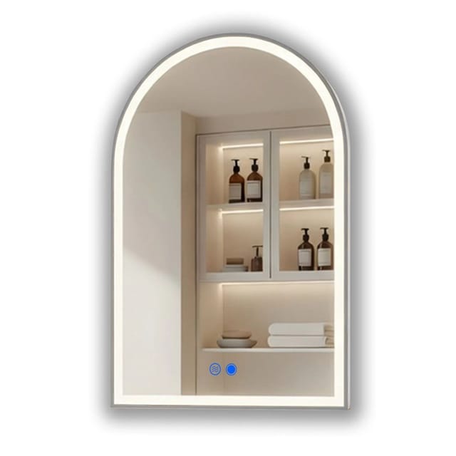 ARTFORMA LED Badspiegel in Bogenform 60x90 cm mit Beleuchtung Rahmen Gebürstetes Silber Antibeschlag Touch IP44
