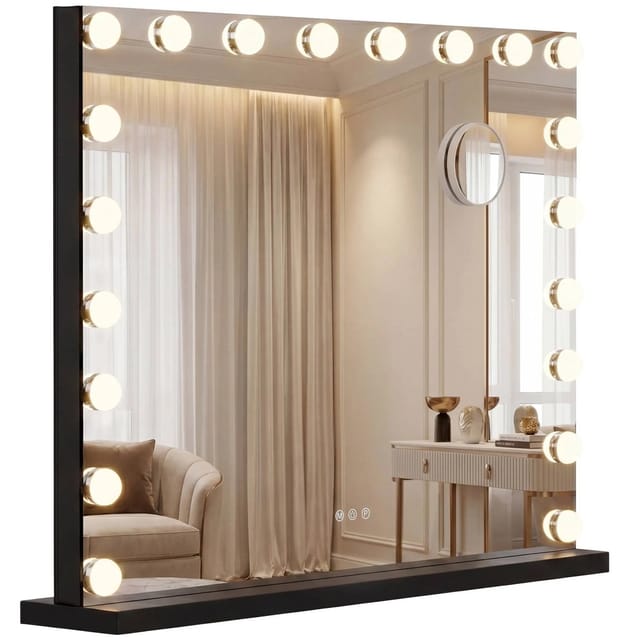 DELUKE Schminkspiegel DORA mit Licht Und Bluetooth 80x14x62cm Metall Schwarz Hollywood Speigel Kosmetikspiegel Make-Up-Spiegel