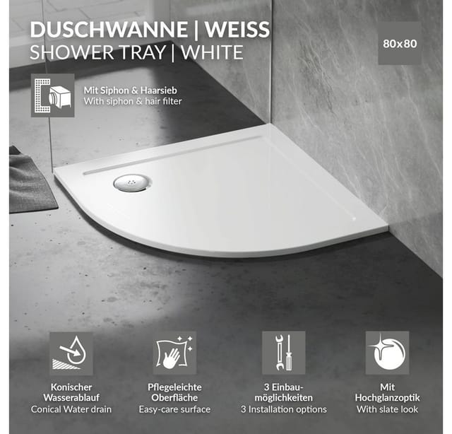 LuxeBath Duschwanne 80x80 cm mit Ablaufgarnitur Rund Weiß Duschtasse Komplett Set mit Siphon
