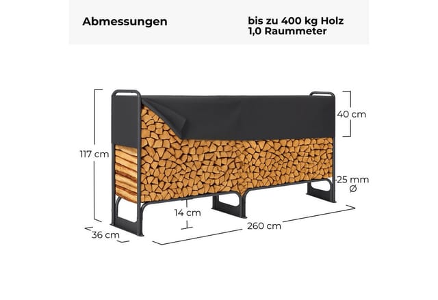 osoltus Kaminholzregal Metall 260 x 36 x 117 cm Brennholzregal 400 kg mit Abdeckung