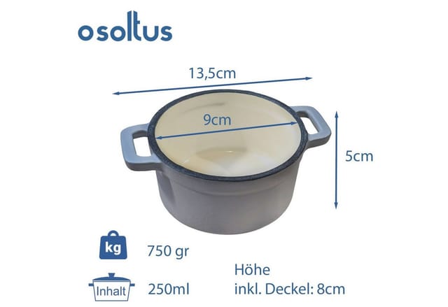 osoltus Mini Cocotte Bratentopf Klein Gusseisen Ofenfest 10 Cm Hellgrau